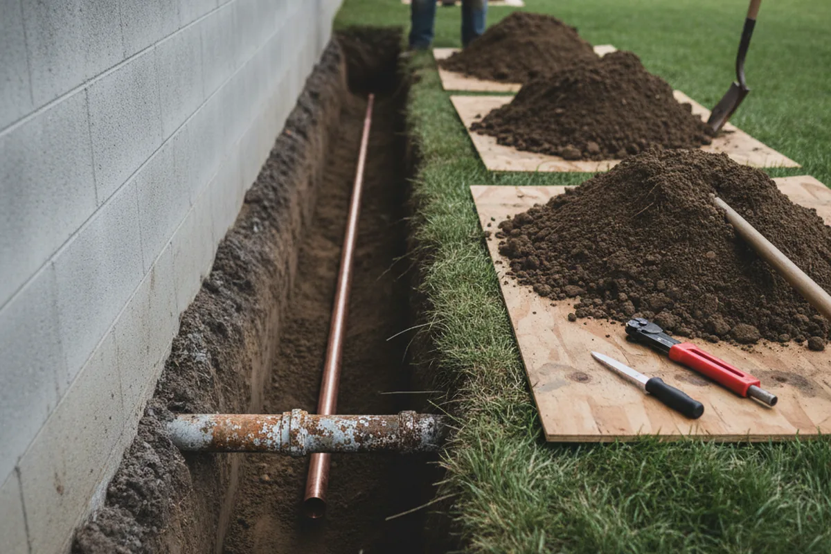 Excavated water line trench during Sewer Line Repair in Seven Springs